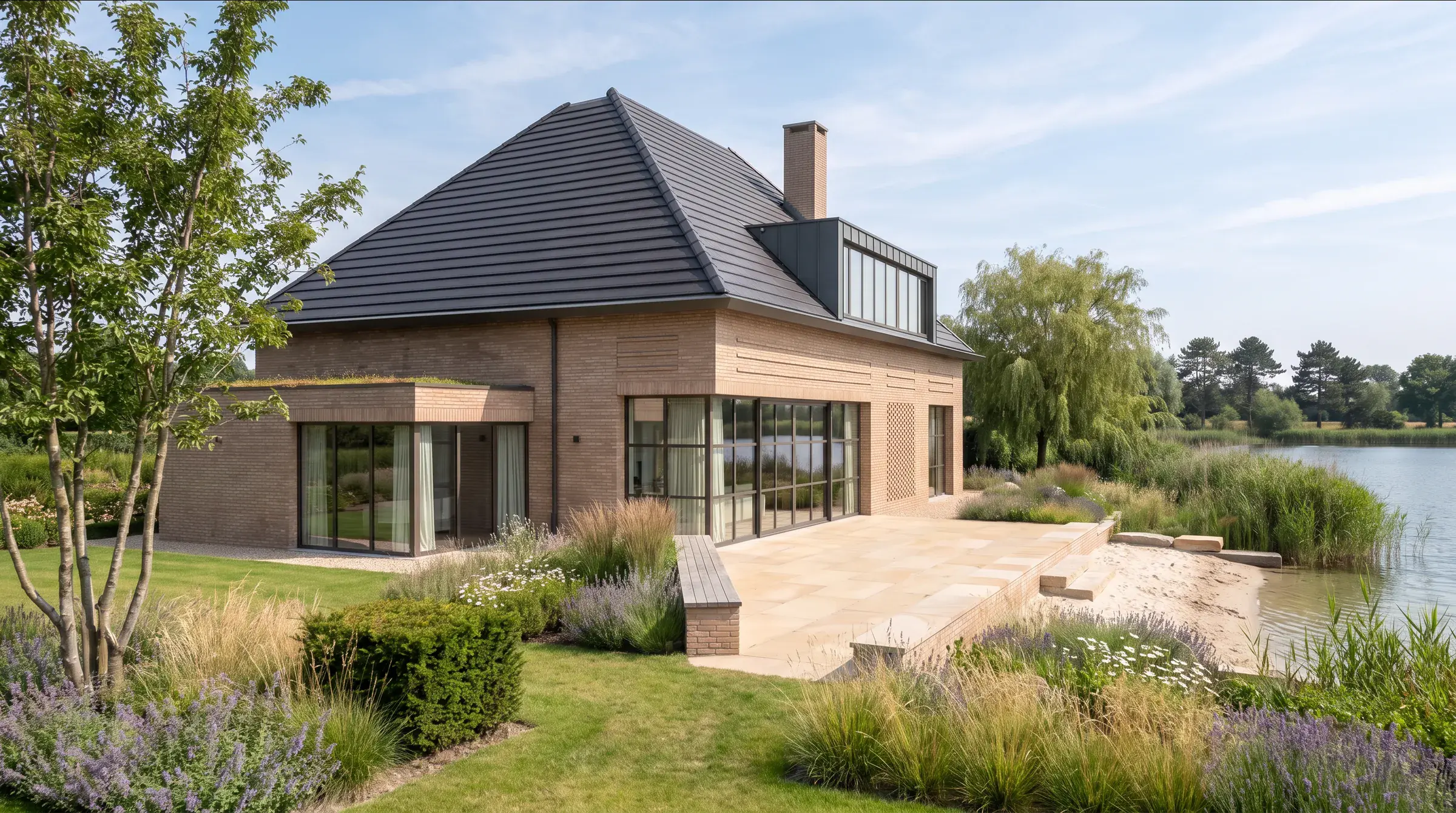 Impressie van de kopgevel met de lage tuinkamer met groen dak, en het terras richting het water