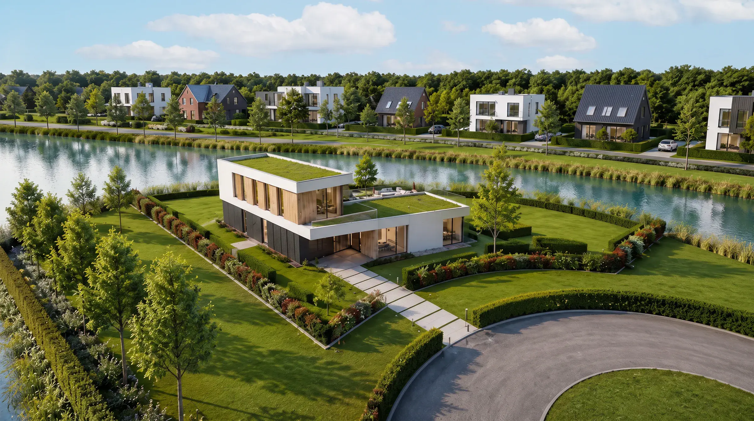 Impressie vanuit de lucht: een villa met een groen dak aan het water, met een oprit met een ronde bocht