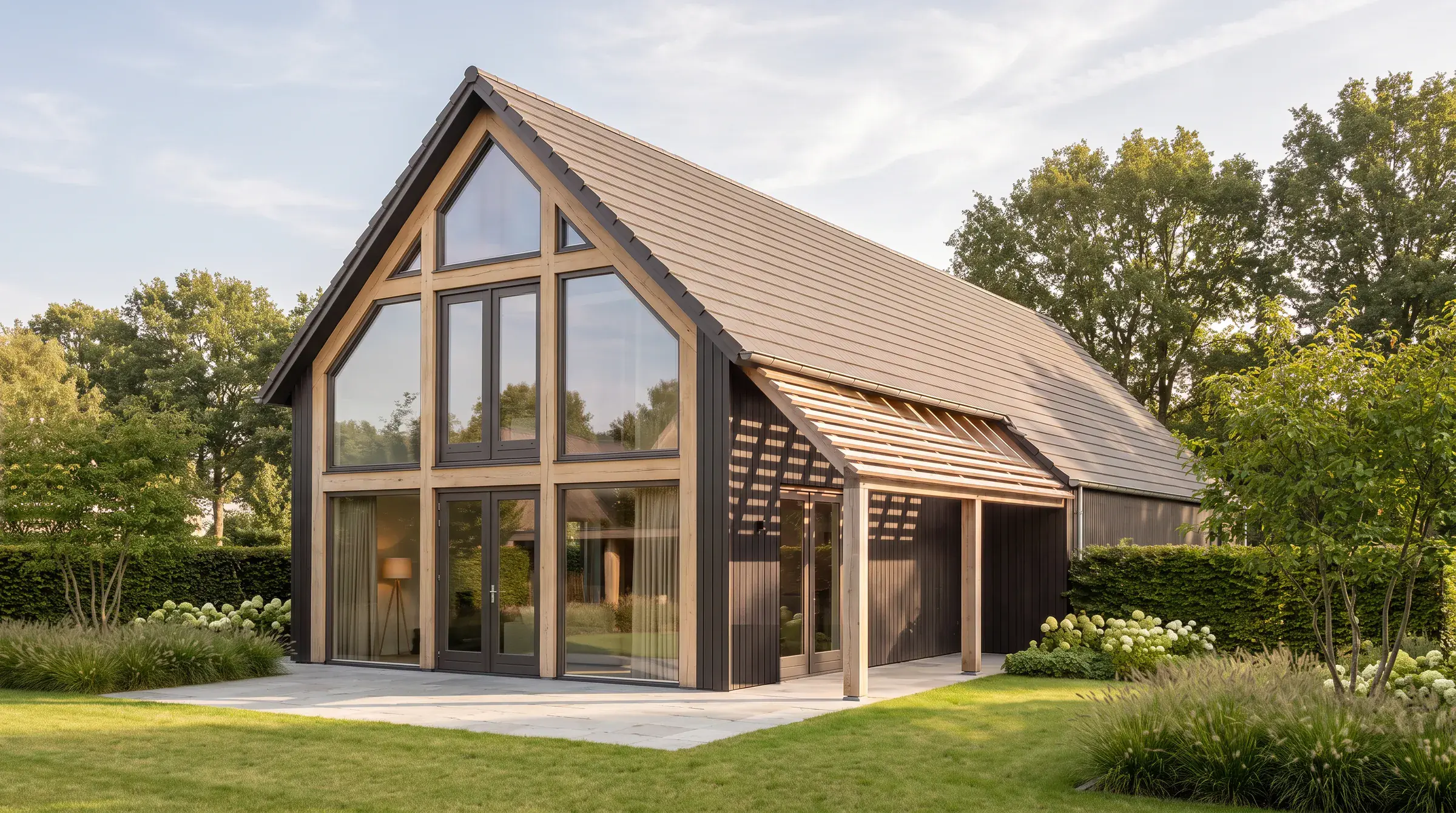 Impressie van de tuinhoek: een huis met steile kap en donkere houten gevel, een glazen kopgevel in een lichteiken frame en een pergola op de hoek