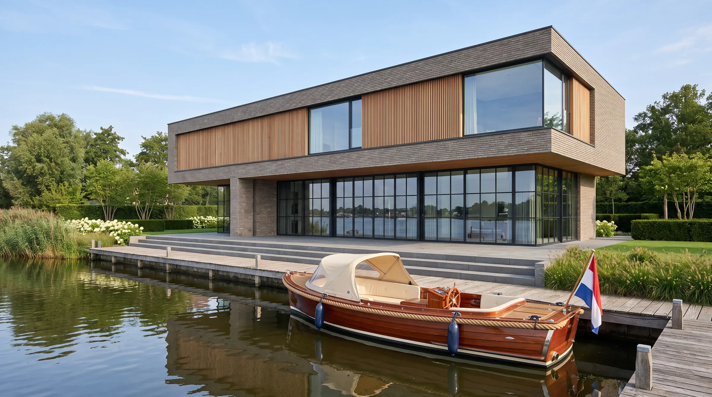 Impressie van een lange villa met een glazen benedenverdieping en een bovenverdieping van baksteen en hout, aan een plas met een steiger en een sloep